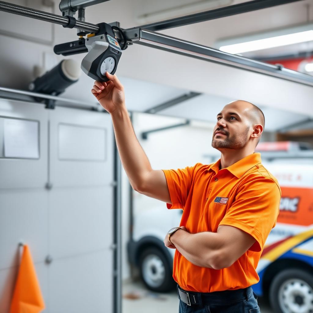 Professional garage door technician inspecting door mechanism